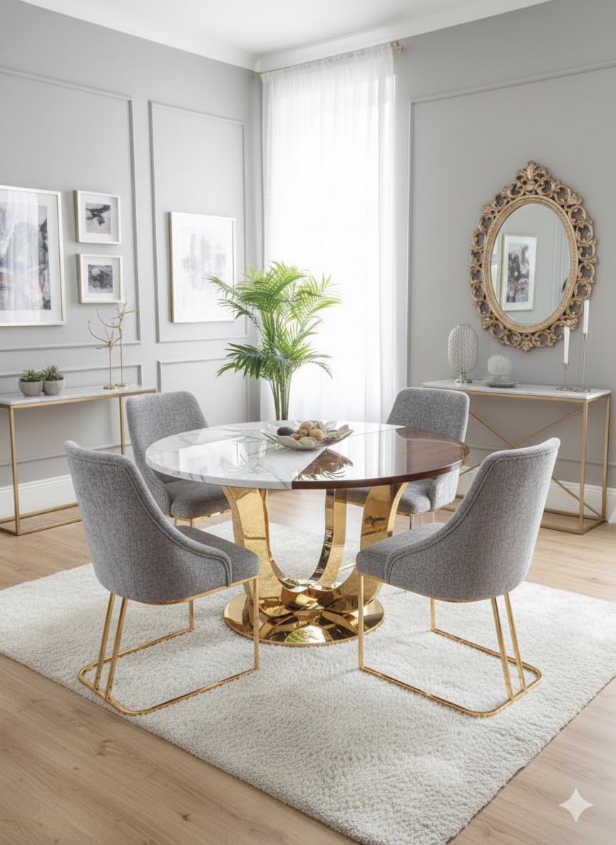 صندلی-ناهارخوری-مدرن-پایه-استیل-طلایی-سیاور-با-پارچه